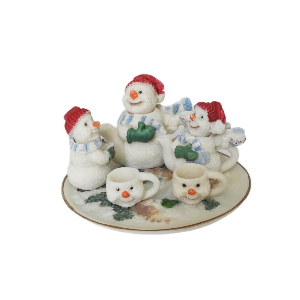 Vintage Miniature Resin Woodland Snowman Tea Set C&F Enterprices 6 Pieces